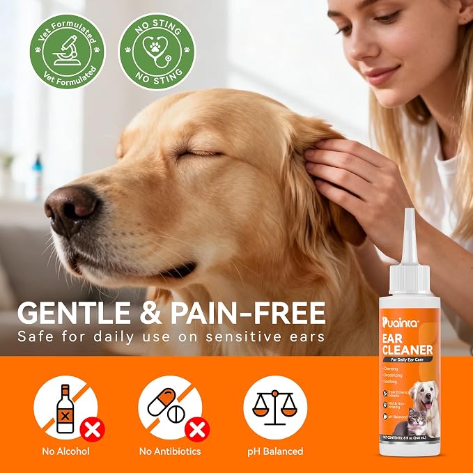 PUAINTA Dog Ear Cleaner Solution - Alcohol-Free Ear Wash with Quantum Silver & Witch Hazel - Soothes Itch, Removes Wax & Odor - Gentle Daily Flush for Dogs & Cats (8 oz)