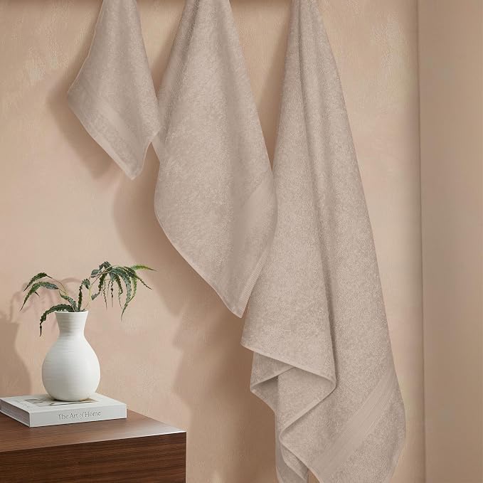 BOUTIQUO Ultra Soft 3 Pack Cotton Towel Set, Contains a Bath Towels 27x54 inch, a Hand Towels 16x24 inch & a Wash Coths 12x12 inch, Ideal Everyday use, Compact & Lightweight - Tan