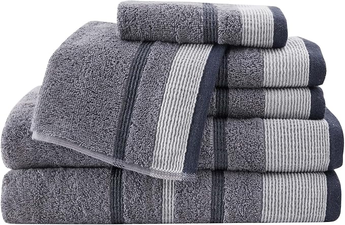 Great Bay Home Decorative Bath Towel Set - Luxury Cotton 6 Piece Towel Set - Luxurious, Ultra-Soft, Durable Towels for Bathroom Decor (Chambray Blue/White/Navy Blue)