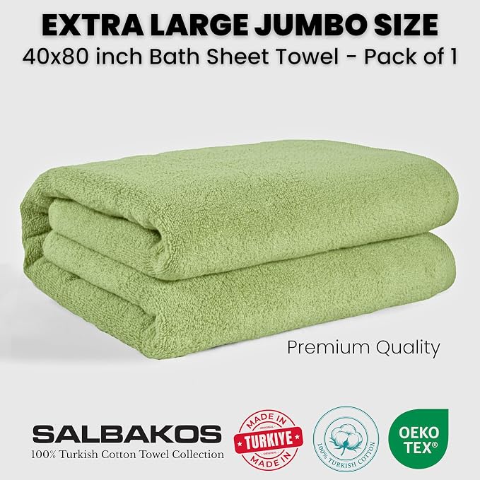 SALBAKOS Luxury 100% Turkish Cotton 40x80 in Extra Large Beach & Bath Towels | Oversized Bath Sheets | Premium Hotel Quality Thick Soft Absorbent Turkish Towel (Pack of 1, Green, Jumbo Bath Sheet)