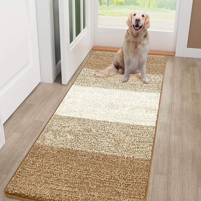Smiry Dog Door Mat for Muddy Paws, Absorbs Moisture and Dirt, Low-Profile Entryway Mat with Non-Slip Backing, Entry Indoor Outdoor Doormat for Inside Floor (44x32 Inches, Camel, Striped)