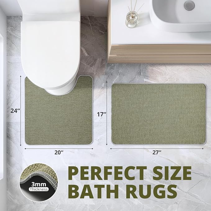 Bathroom Rugs Sets 2 Piece, Thin Bath Mat & U-Shaped Contour Toilet Rug Absorbent Quick Dry, Machine Washable, Non Slip Low Pile Bath Mats for Bathroom/Tub/Sink/Shower (27"x17" +24"x20" U, Sage Green)