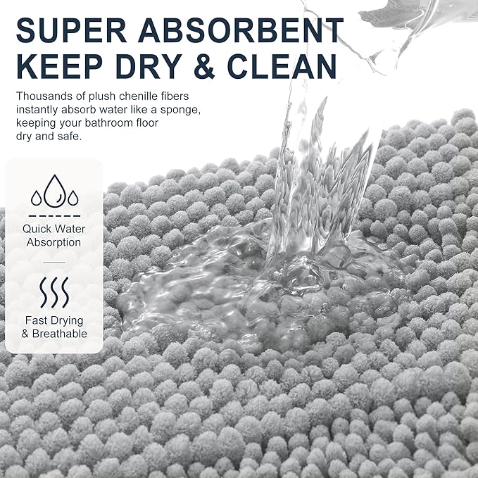 Smiry Thick Small Chenille Bathroom Rugs 24x16, Extra Soft Absorbent Striped Bath Mat, Machine Washable, Rubber Backing, Bath Rugs for Tub & Shower, Modern Home Decor Accessories, Light Grey