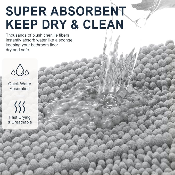 Smiry Thick Chenille Bathroom Rugs 30x20, Extra Soft Absorbent Striped Bath Mat, Machine Washable, Rubber Backing, Bath Rugs for Tub & Shower, Modern Home Decor Accessories, Light Grey