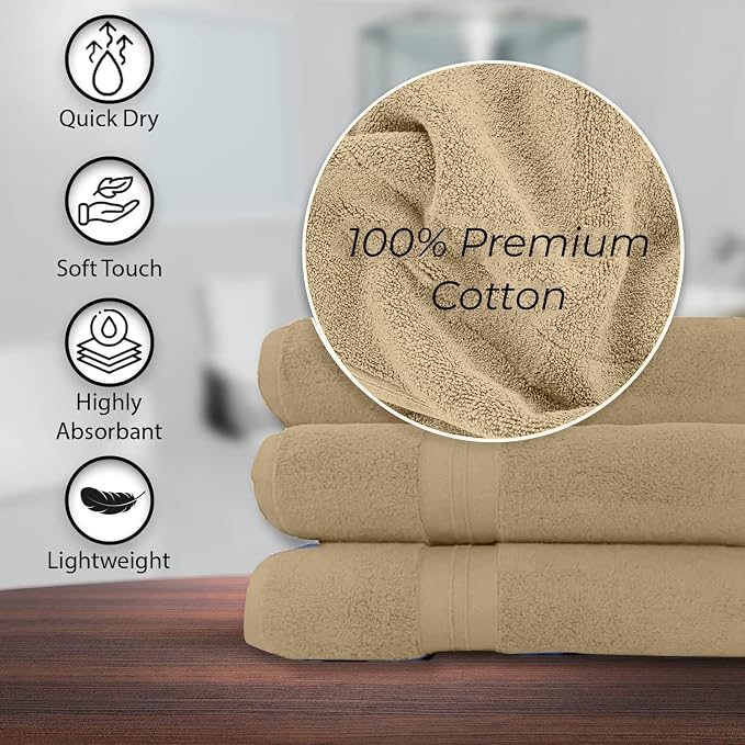 KAHAF COLLECTION 100% Cotton Bath Towels, 24x48 Pack of 6 Towels, Quick Dry, Highly Absorbent, Soft Feel Towel, Gym, Spa, Bathroom, Shower, Pool, Luxury Soft Towels (Beige, 24x48-6 Pack)