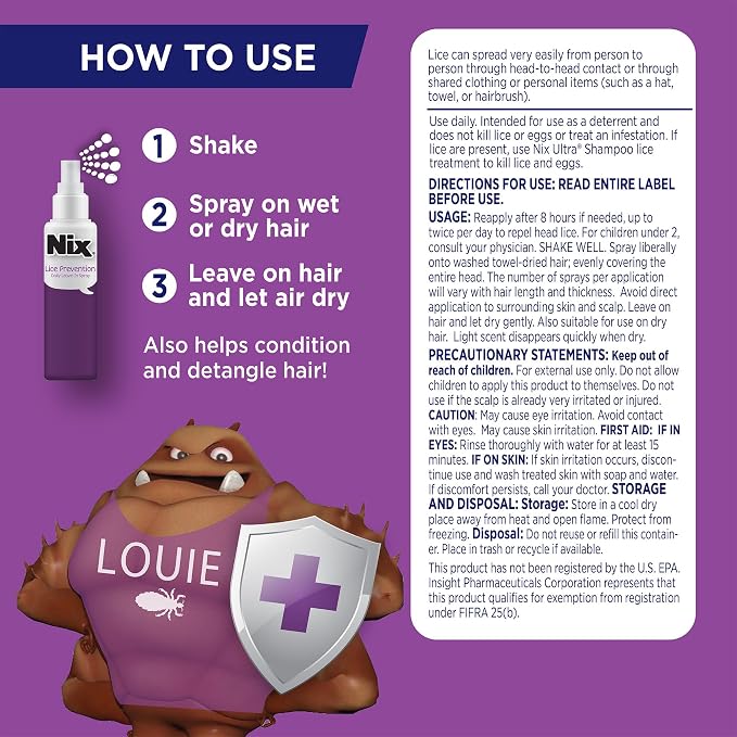Nix Lice Prevention Daily Leave-In Spray for Kids, Long-Lasting Protection, Repels Superlice, 6 Fl Oz