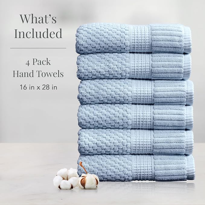 NY Loft 100% Cotton 6-Pack Hand Towel Set | Blue | Oeko-TEX | Quick-Dry | Six 16" x 28" Hand Towels | Super Absorbent | Designer-Styled Texture