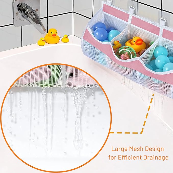 Large Bath Toy Storage, 4 Compartment Quick Drying Mesh Bath Toy Organizer with 5 Hooks, Easy Access and Sorting Large Capacity Corner Bathroom Storage, Multi Use Holder (Pink)