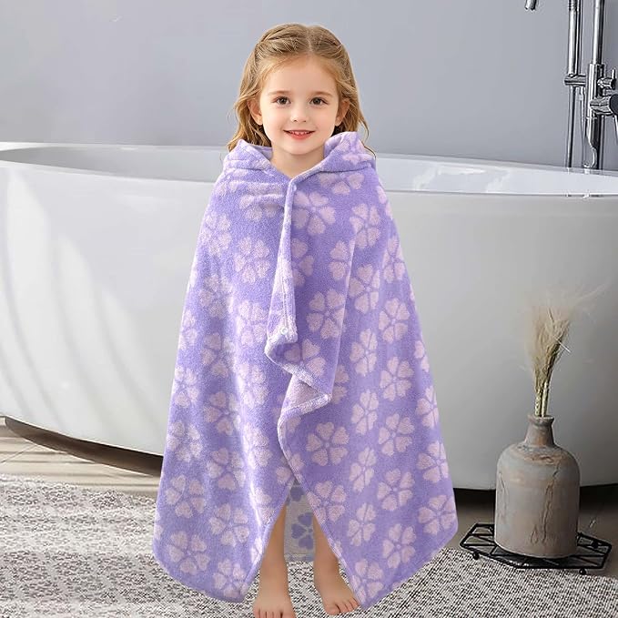 VOOVA & MOVAS Toddler Hooded Bath Towel, 25''X40 (0-3T), Soft | Thick | 100% Cotton | Absorbent Hooded Towel Wrap for Girl, Perfect for Beach, Pool, Bath, Swimming,Purple Flower