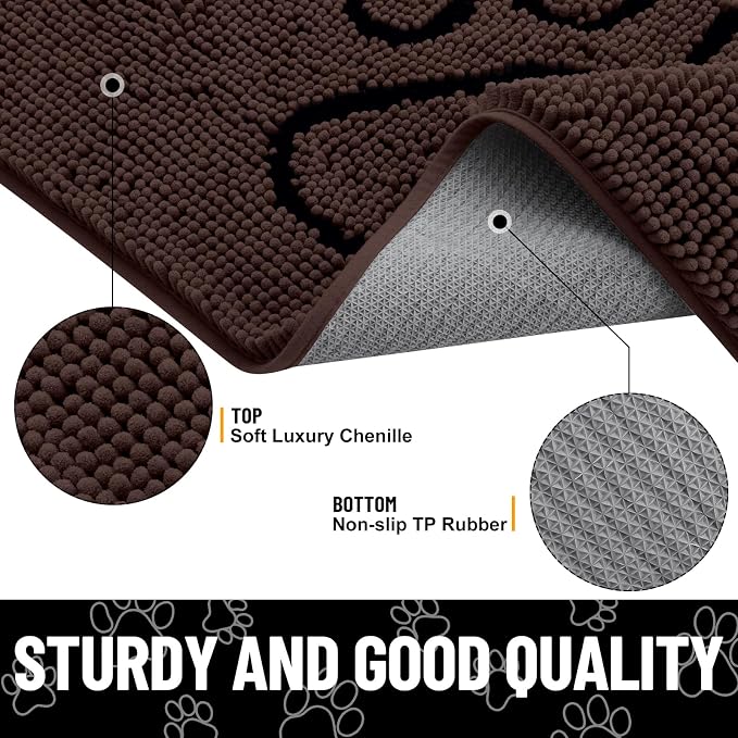 Smiry Dog Door Mat for Muddy Paws, Absorbent Dirt Trapper Non Slip Quick Dry Washable Chenille Mat for Mud Dogs, Entry Rug for Indoor and Outdoor (71x46 Inches, Brown and Black)