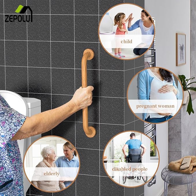 Wood Grain Shower Grab Bar 16 Inch, Zepolu Stainless Steel Safety Bar Wall Mount wooden grab bar, Bathroom Balanced Handrail Shower Support Assist Handle for Elderly Senior Handicap Injury-1" Diameter