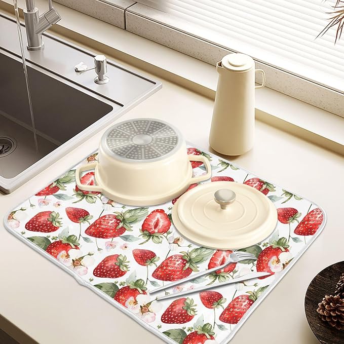 Cute Watercolor Strawberries Dish Drying Mats for Kitchen Counter Large Drying Mat for Dishes Microfiber Dish Rack Mat Drainer Pad Washable Foldable Ultra Absorbent Dry Mat 24"x18"