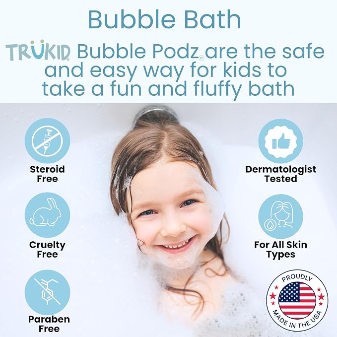 TruKid Bubble Podz Bubble Bath for Kids, Toddlers, & Babies, Tear Free Gentle & Refreshing Bath Bomb for Sensitive Skin with Natural Moisturizers, Non-Toxic, pH Balanced, Vanilla Scent (24 Podz)