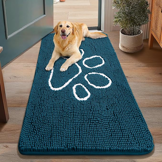 Smiry Dog Door Mat for Muddy Paws, Absorbent Dirt Trapper Non Slip Quick Dry Washable Chenille Mat for Mud Dogs, Entry Rug for Indoor and Outdoor (48x30 Inches, Atlantic Blue and White)