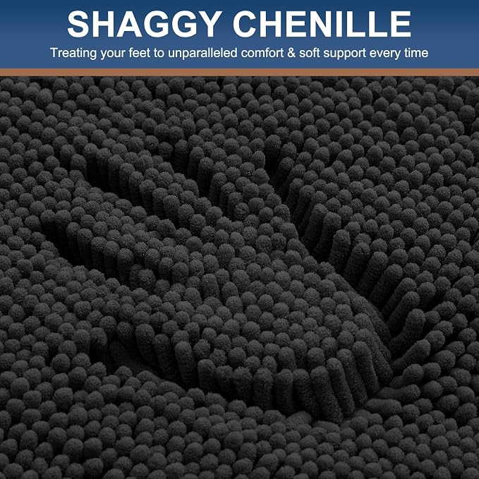 Smiry Luxury Chenille Bathroom Rugs 44x24, Extra Soft and Absorbent Shaggy Bath Mat, Machine Washable, Non-Slip Plush Carpet Runner for Tub, Shower, and Floor, Home Decor Accessories, Black