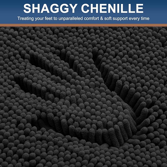 Smiry Luxury Chenille Bathroom Rugs 45x27, Extra Soft and Absorbent Shaggy Bath Mat, Machine Washable, Non-Slip Plush Carpet Runner for Tub, Shower, and Floor, Home Decor Accessories, Black
