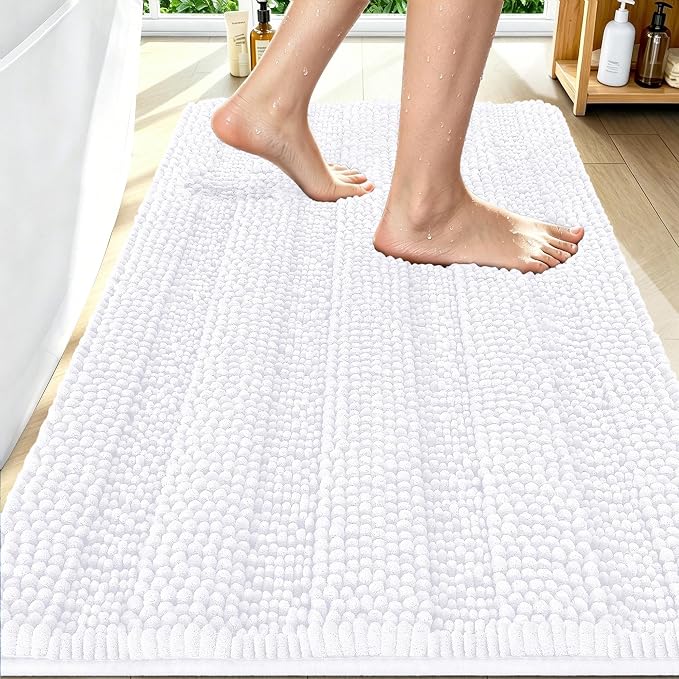 Smiry Thick Chenille Bathroom Rugs 30x20, Extra Soft Absorbent Striped Bath Mat, Machine Washable, Rubber Backing, Bath Rugs for Tub & Shower, Modern Home Decor Accessories, White