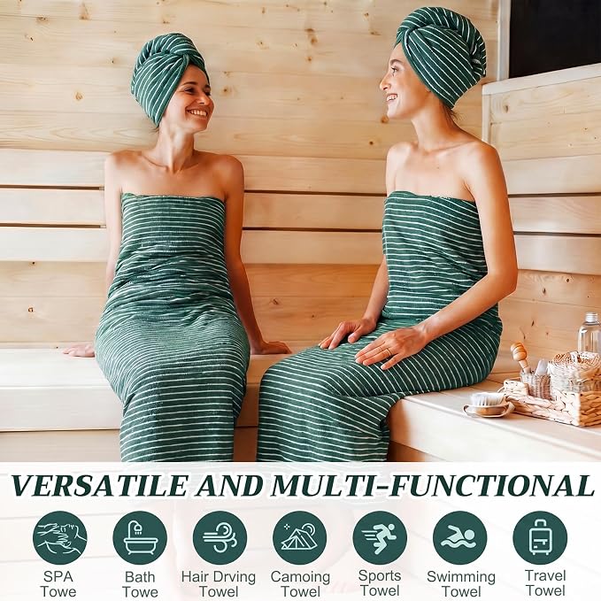 6 Pcs Oversized Bath Towels for Adults 35x70 Inches Green & White Striped Extra Large Bath Towel Sets Bathroom Sheets Jumbo Shower Towels Quick Absorbent Soft Microfiber for Women Men