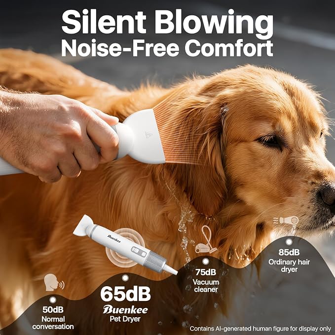 Buenkee Handheld Dog Dryer, 3HP High-Velocity Pet Hair Blower, White | 12 modes with 3 speeds and 4 temps, 1.2 lb lightweight, quiet under 65 dB, portable for home and travel, includes 3 nozzles