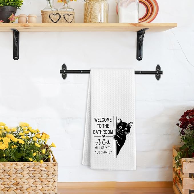 Funny Black Cat Hand Towels for Bathroom, A Cat Will Be with You Shortly Hand Towels, Black Cats Welcome to the Bathroom Dish Tea Towel Decor, Cats Gifts for Women Men, 16x24 Inch