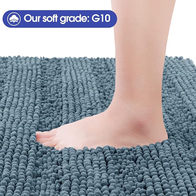 SmileYes Striped Haze Blue Bathroom Rug Set 3 Pieces Ultra Soft, Non Slip Chenille Bath Carpet, Absorbent Plush Shaggy Bath Mats for Bathroom, Bedroom, Stone Blue