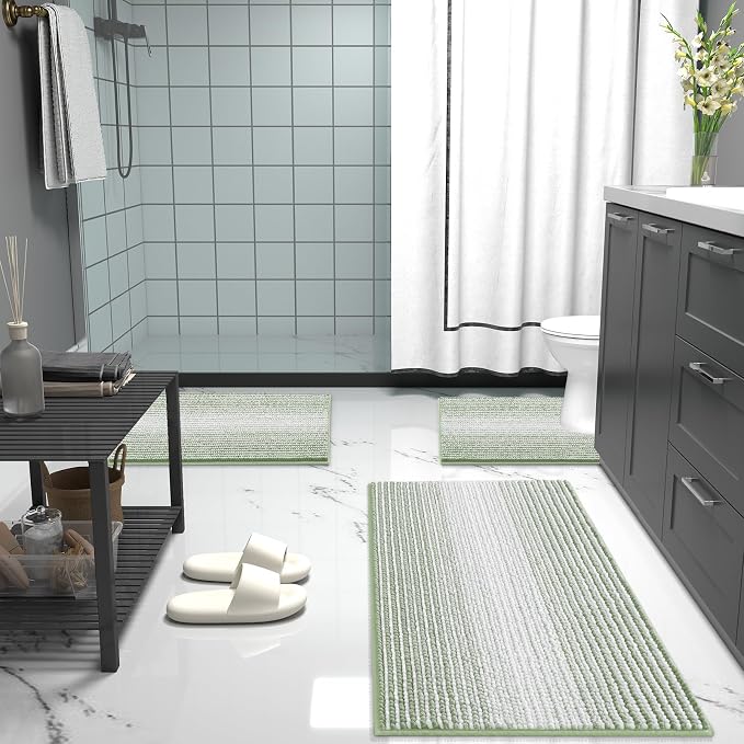 OLANLY Toilet Rugs U-Shaped 24x20, Extra Soft Absorbent Chenille Striped Contour Bathroom Rugs for Toilet, Dry Quickly, Machine Washable, Non-Slip Bath Mat, Sage Green
