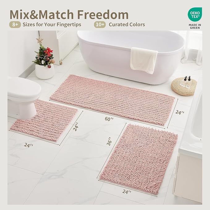 Toilet Rugs U-Shaped Mat 24x24, Contour Bathroom Mat - Ultra Soft & Absorbent Chenille, Quick-Dry, Machine Washable with Non Slip Barrier Backing, Pink