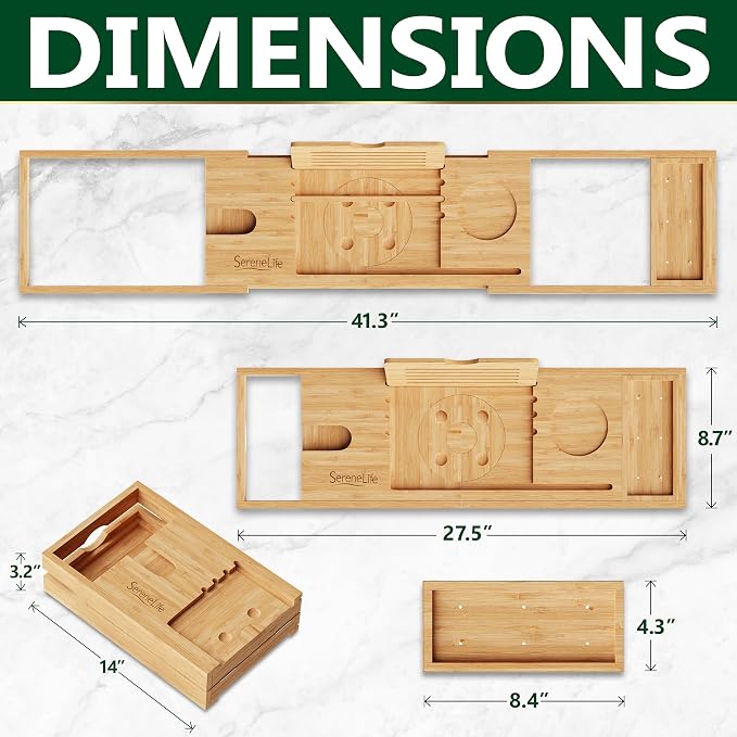 SereneLife Premium Bathtub Tray Caddy, Expandable Bath Tray, Unique House Warming Gifts, Gift for Mom, Women, New Home, Wedding, Anniversary, Bridal Shower, Universal Fit for All Tub - Natural,Folding