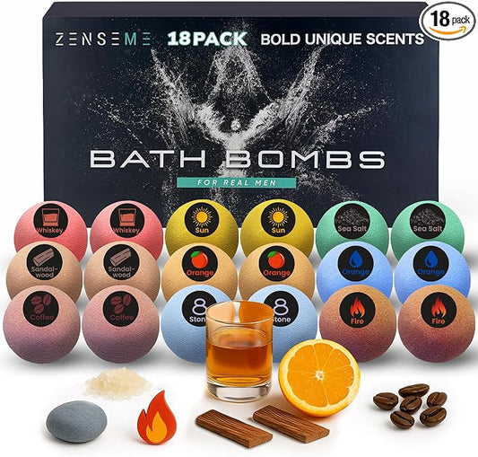 Bath Bombs for Men - Gift Set of 18 Strong Scented Handmade Natural Bath Bombs of 2.5 oz w/Essential Oils Scents, for Boyfriend, Husband, Father - 18 Pack