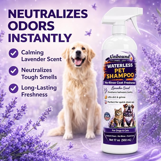Waterless Pet Shampoo for Dogs & Cats - Lavender Scent No-Rinse Foam - Easy Grooming & Deodorizing - 17 oz