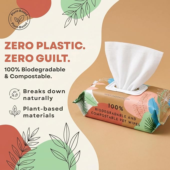 Eco Wave Hypoallergenic Plant-Based Pet Wipes, Dog and Cat Grooming Wipes for Face, Ears, Body, Butt, and Paws, Fragrance Free, Compostable, 100 Count