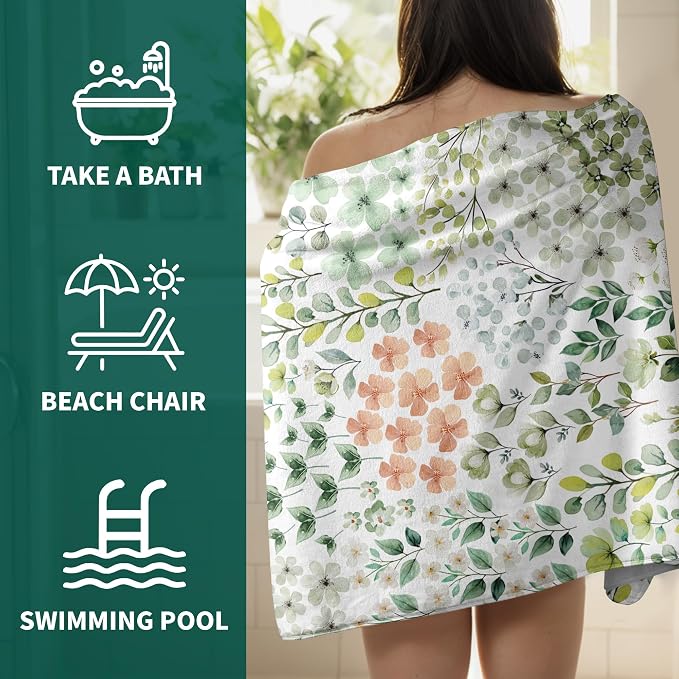 Sage Green Leaves Bath Towel High Absorbent Coral Fleece Large Towels for Bathroom Beach