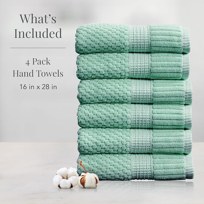 NY Loft 100% Cotton 6-Pack Hand Towel Set | Green | Oeko-TEX | Quick-Dry | Six 16" x 28" Hand Towels | Super Absorbent | Designer-Styled Texture
