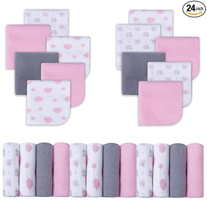 Viviland Baby Washcloths, 24Pack Baby Towels for Newborn, Baby Girl Wash Cloths, and Infant Bath Face Washcloths Soft Absorbent, Gentle on Sensitive Skin Body, 9x9 Pink Elephant