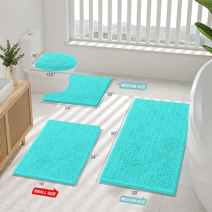 Smiry Luxury Chenille Bathroom Rugs 59x20, Extra Soft and Absorbent Shaggy Bath Mat, Machine Washable, Non-Slip Plush Carpet Runner for Tub, Shower, and Floor, Home Decor Accessories, Turquoise
