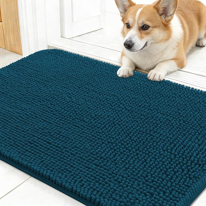 OLANLY Dog Door Mat for Muddy Paws 24x16, Absorbs Moisture and Dirt, Absorbent Non-Slip Washable Doormat, Quick Dry Chenille Mud Mat, Entry Indoor Entryway Carpet for Inside Floor, Atlantic Blue
