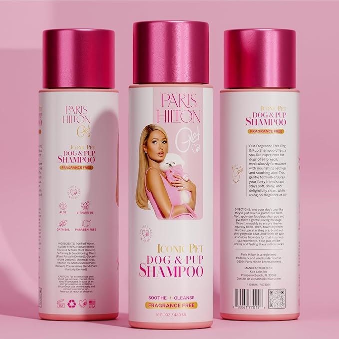 Paris Hilton Dog Shampoo - Fragrance-Free, Sulfate-Free, Vegan & Hypoallergenic for All Dog Breeds, with Oatmeal & Aloe for Healthy Coats & Salon-Quality Grooming, 16oz (480ml)