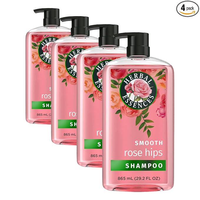 Herbal Essences Shampoo, Rose Hips - Smooth Collection, Shiny Hair with Vitamin E & Jojoba, Safe for Color Treated Hair, Floral Scent, Cruelty-Free, Dermatologist-Tested, 29.2 Fl Oz (Pack of 4)