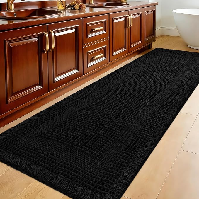 Extra Large Waffle Bath Mat, 6'x2' Black-Looped, Super Absorbent Non-Slip Quick Dry Bathroom Rugs with Tassels, Machine Washable Ultra Soft Boho Bath Rugs for Floor, Toilet Mats Boho Farmhouse Decor