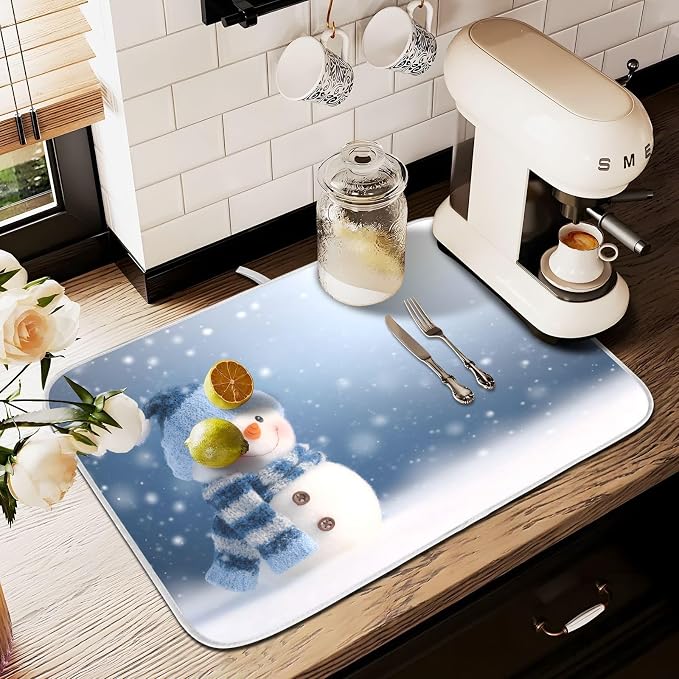 Cute Snowman Blue Dish Drying Mat, Absorbent Drainer Mats for Kitchen Counter Coffee Maker 18"x16"
