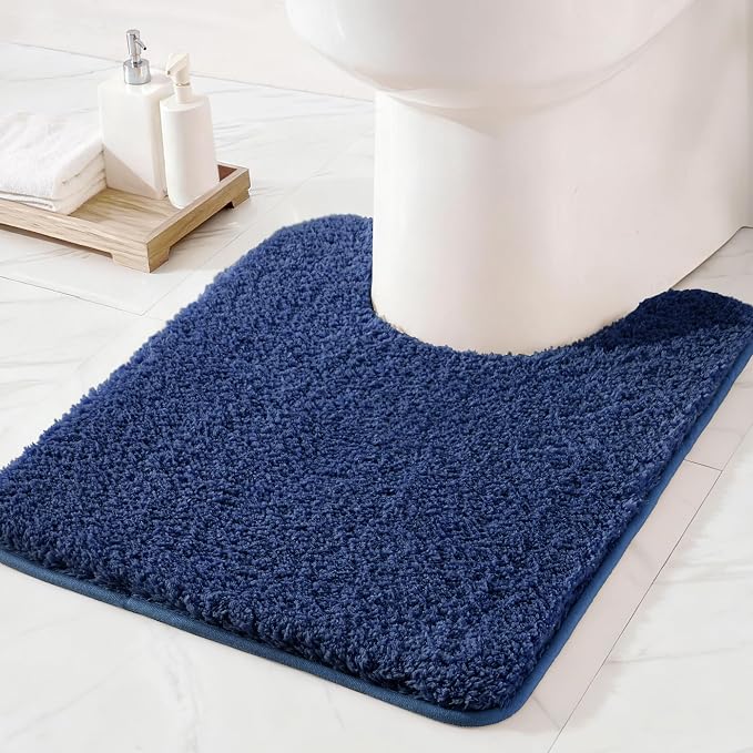 Exclusivo Mezcla Toilet Rugs U-Shaped 20x24, Extra Soft Non Slip Absorbent Microfiber Bath Rugs, Machine Washable Quick Dry Bath Mats for Toilet, Solid Navy Blue