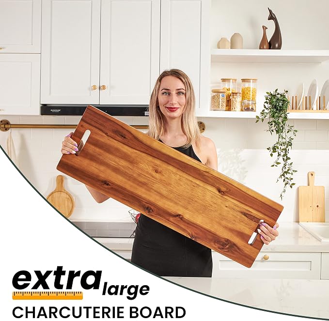TIDITA 36" Large Acacia Wood Charcuterie Board with Handles - Extra Long Wooden Serving Cheese Boards - Rectangular Serving Platter for Meat Steak, Cracker Appetizers, Fruit Decorative Display Party