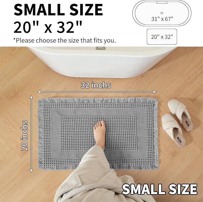 Waffle Bath Mat - Super Water Absorbing Bath Mat Quick Dry, Bathroom Rugs Non Slip Washable with Tassels, Rubber Backed Bathroom Mat for Bathroom Floor, Tub and Shower, 20" x 32", Light Grey