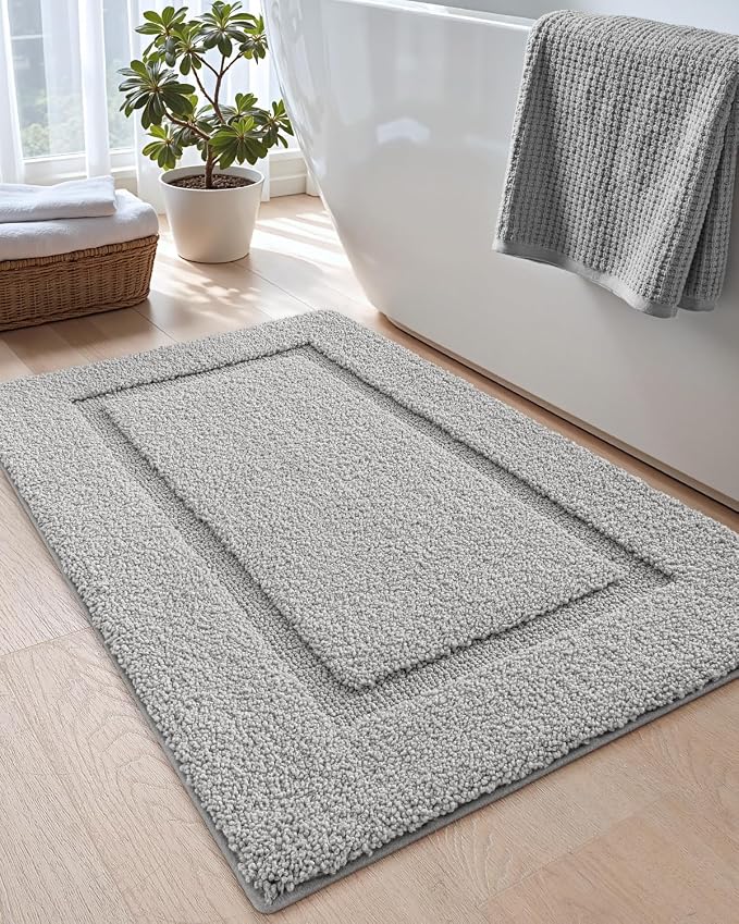 DEXI Bathroom Rugs 43x24, Washable Non Slip Bath Mat for Shower Floor, Absorbent Quick Dry Bathmat with Rubber Backing, Ultra Soft Plush Carpet for Tub, Light Grey