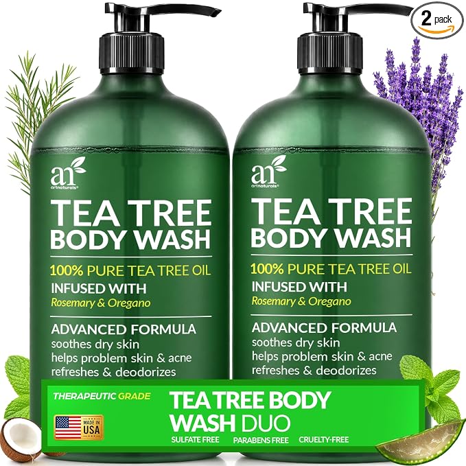 Artnaturals Tea Tree Body Wash 16 fl oz (2 Pack) - Extra Strength Shower Gel with Rosemary & Oregano - For Acne, Athlete's Foot, Jock Itch, Ringworm & Body Odor - Men & Women, Sulfate & Paraben Free