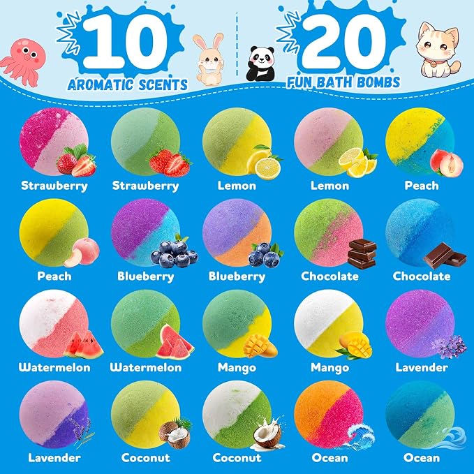 Bath Bombs for Kids with Toys Inside, 20 Pcs Kids Bath Bombs with Animal Toys Inside, Skin-Friendly, Non Toxic, Handmade Organic Natural Moisturizing Bubble Bath, Ideal Gifts for Girls Boys