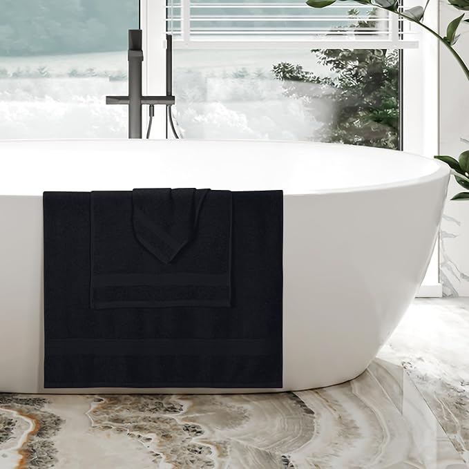 BOUTIQUO Ultra Soft 3 Pack Cotton Towel Set, Contains a Bath Towels 27x54 inch, a Hand Towels 16x24 inch & a Wash Coths 12x12 inch, Ideal Everyday use, Compact & Lightweight - Black