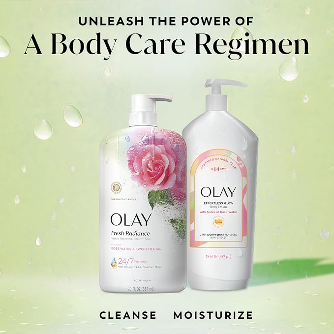 Olay Body Wash for Women, Fresh Radiance, 24/7 Skin-Loving Freshness, Visibly Radiant, Plant Based Cleansers, Vitamin B3 & Antioxidant Blend, All Skin Types, Rose Water & Sweet Nectar Scent, 29 fl oz