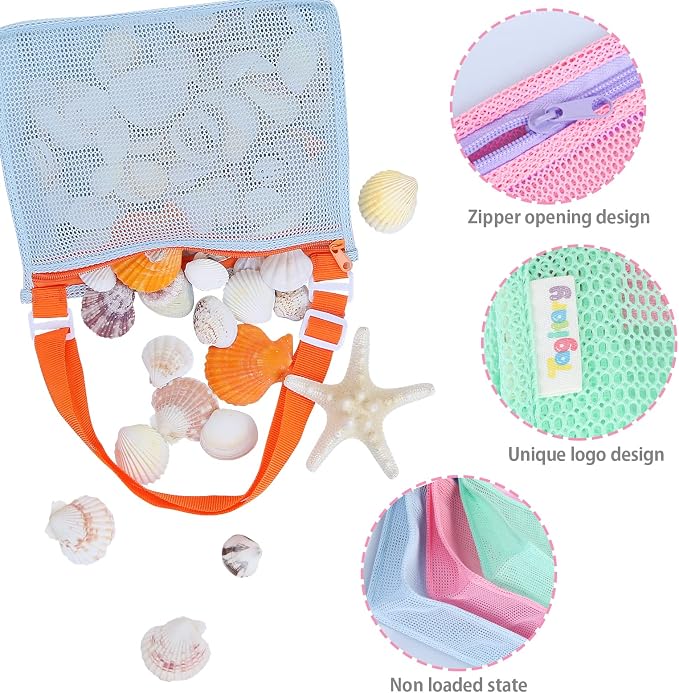 Tagitary Beach Toy Mesh Beach Bag Kids Shell Collecting Bag Beach Sand Toy Seashell Bags Swimming Accessories for Boys and Girls(Only Bags,A Set of 3)