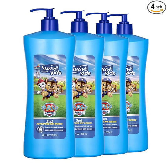 Suave Kids Paw Patrol 3 in 1 Kids Shampoo, Body Wash, and Conditioner, Adventure Bay Breeze, Tear-Free & Gentle Dermatologist Tested, 28 fl oz Pump, 4 Count